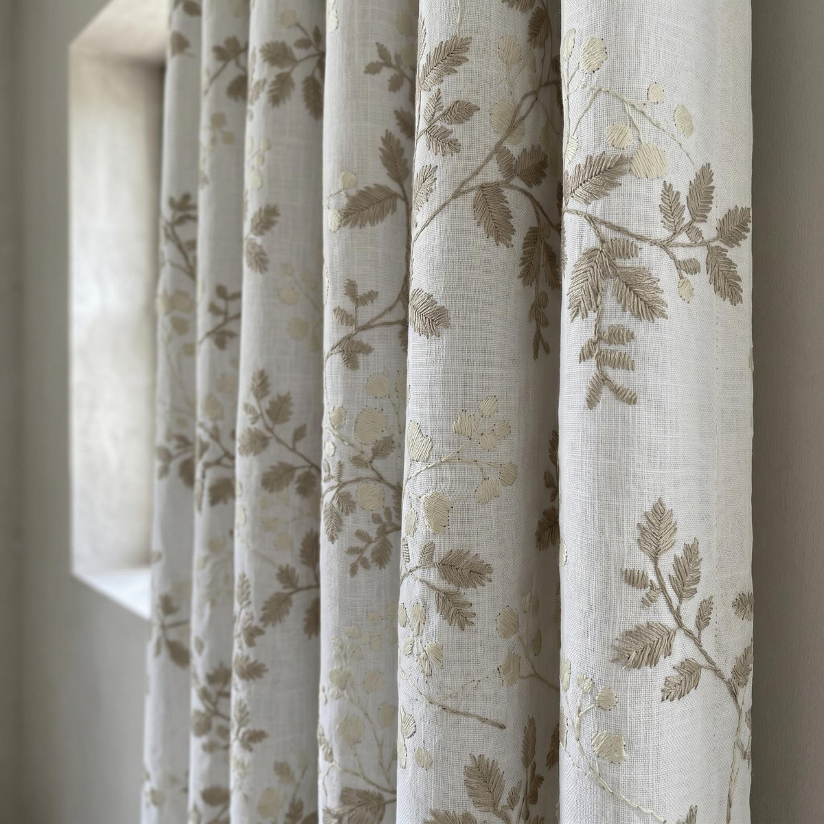 White Linen Embroidered Curtains, Beige Leaf Vine Floral Drapes, Custom Blackout or Cotton Lined Curtain Panels — image 7