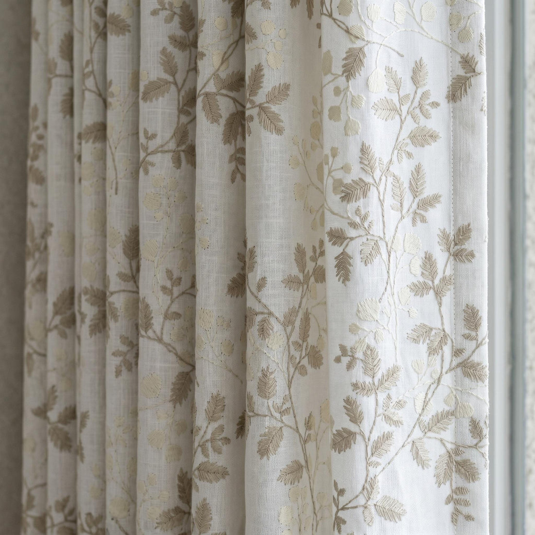 White Linen Embroidered Curtains, Beige Leaf Vine Floral Drapes, Custom Blackout or Cotton Lined Curtain Panels — image 1