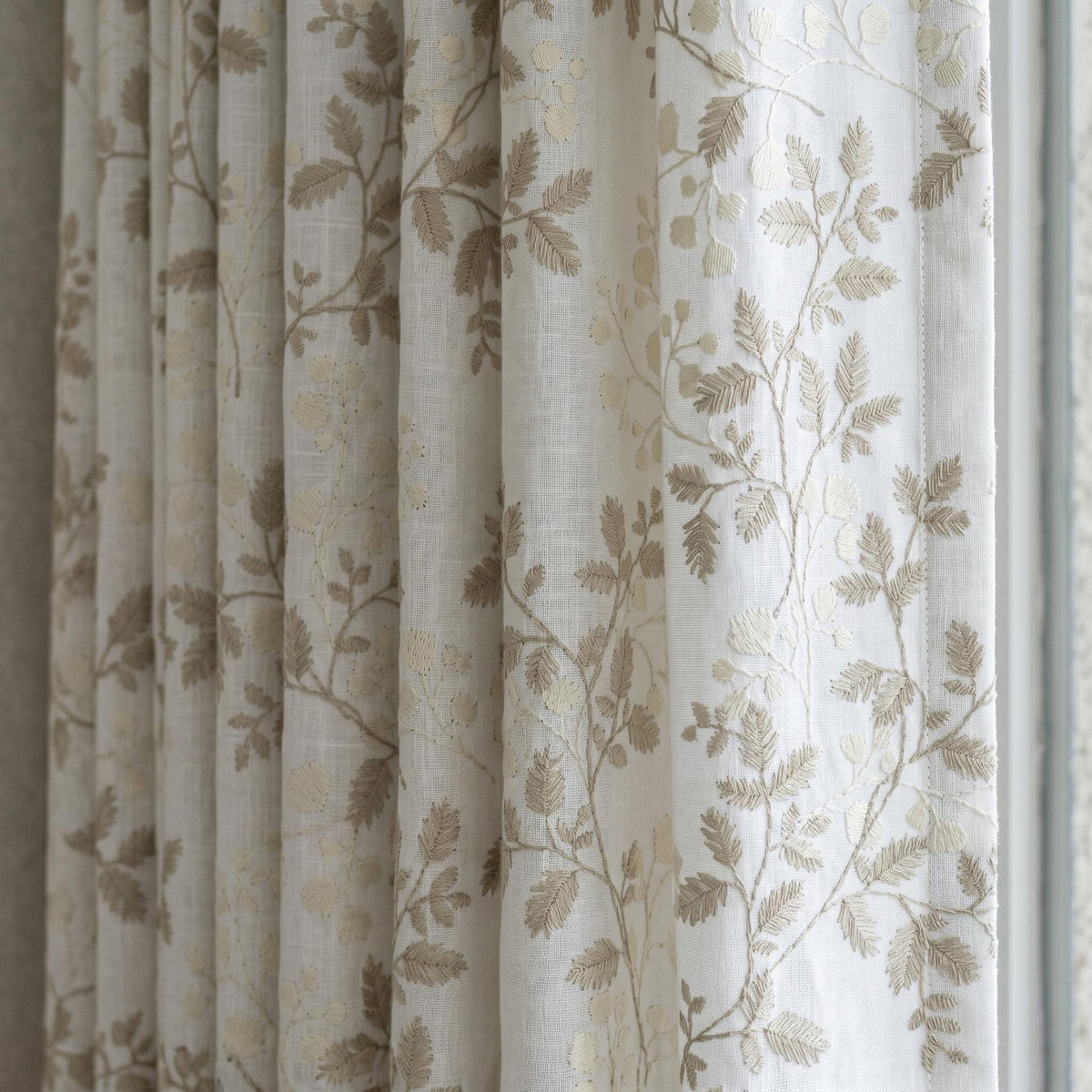 White Linen Embroidered Curtains, Beige Leaf Vine Floral Drapes, Custom Blackout or Cotton Lined Curtain Panels — image 1