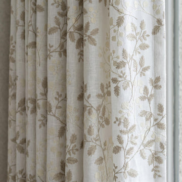 White Linen Embroidered Curtains, Beige Leaf Vine Floral Drapes, Custom Blackout or Cotton Lined Curtain Panels — image 1