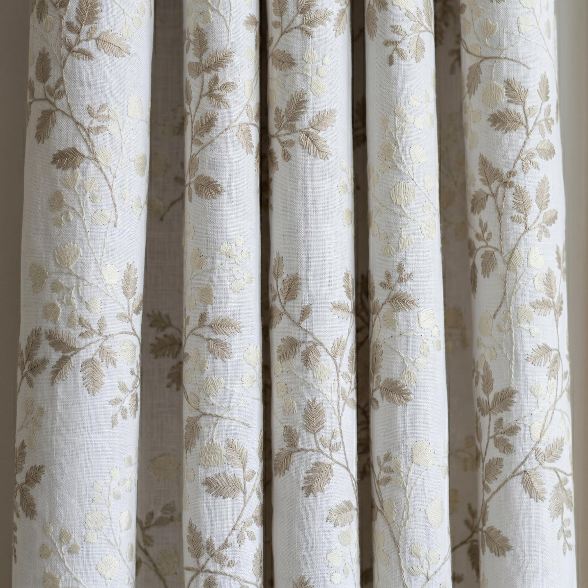 White Linen Embroidered Curtains, Beige Leaf Vine Floral Drapes, Custom Blackout or Cotton Lined Curtain Panels — image 6