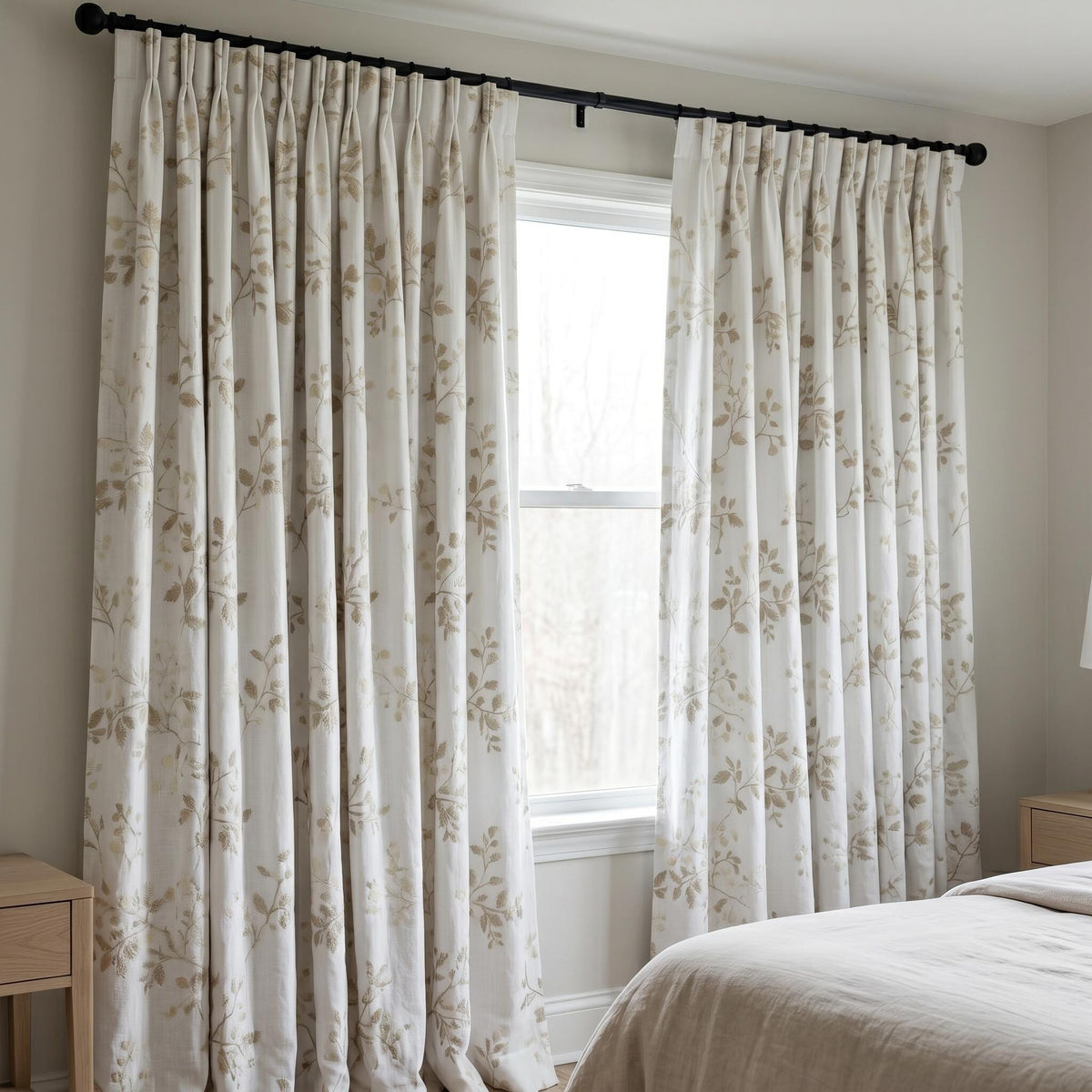 White Linen Embroidered Curtains, Beige Leaf Vine Floral Drapes, Custom Blackout or Cotton Lined Curtain Panels — image 5