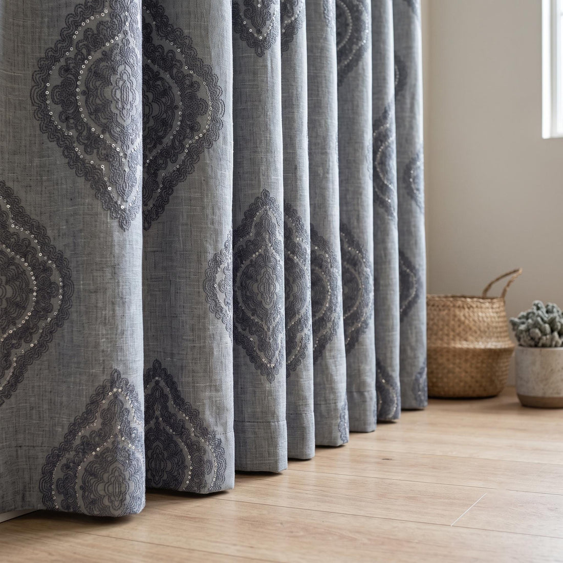 Gray Embroidered Linen Curtains, Charcoal Medallion Damask Drapes, Custom Blackout Linen Panels, Heavy Linen Curtains — image 1