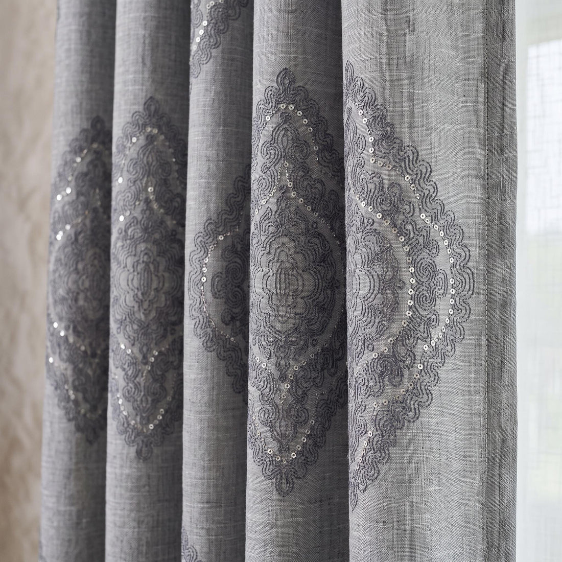 Gray Embroidered Linen Curtains, Charcoal Medallion Damask Drapes, Custom Blackout Linen Panels, Heavy Linen Curtains — image 1