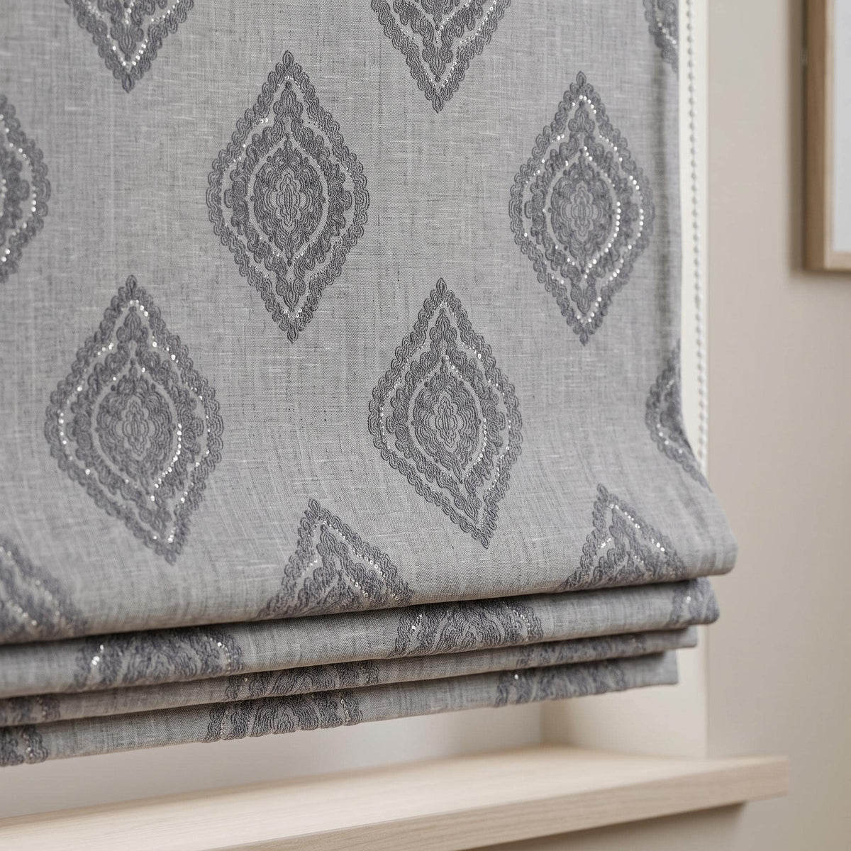 Gray Linen Roman Shade, Charcoal Embroidered Damask Roman Blind, Custom Blackout Window Shade, Corded Medallion Linen Shade — image 5