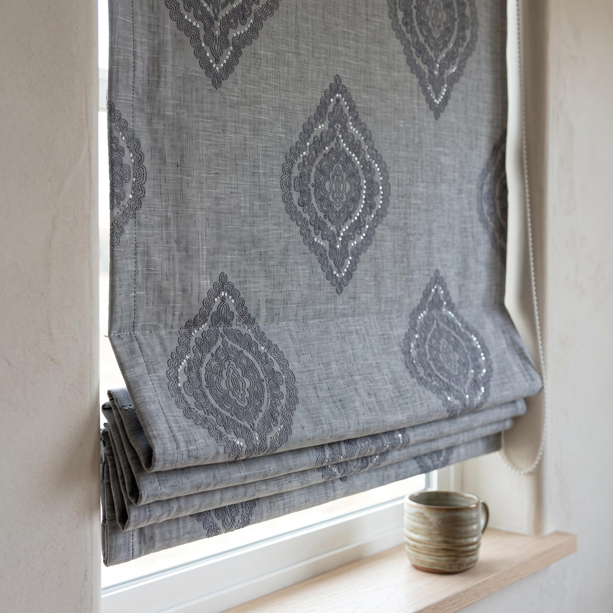 Gray Linen Roman Shade, Charcoal Embroidered Damask Roman Blind, Custom Blackout Window Shade, Corded Medallion Linen Shade — image 2