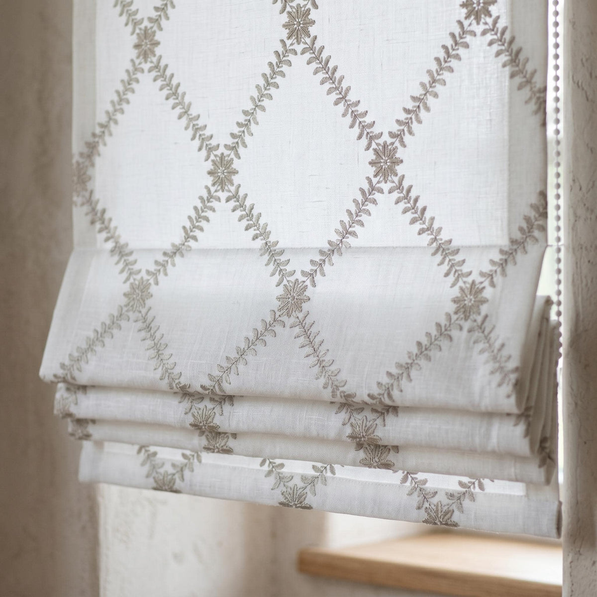 White Linen Roman Shade, Greige Taupe Embroidered Trellis Vine Blind, Custom Corded Window Shade, Blackout or Cotton Lined — image 5