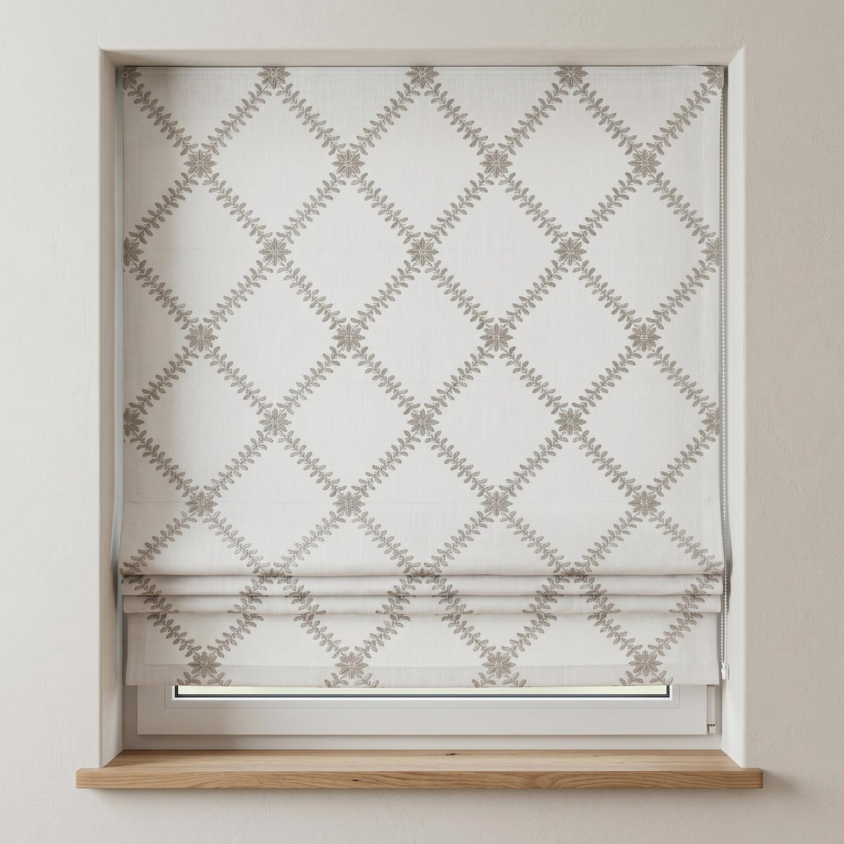 White Linen Roman Shade, Greige Taupe Embroidered Trellis Vine Blind, Custom Corded Window Shade, Blackout or Cotton Lined — image 10