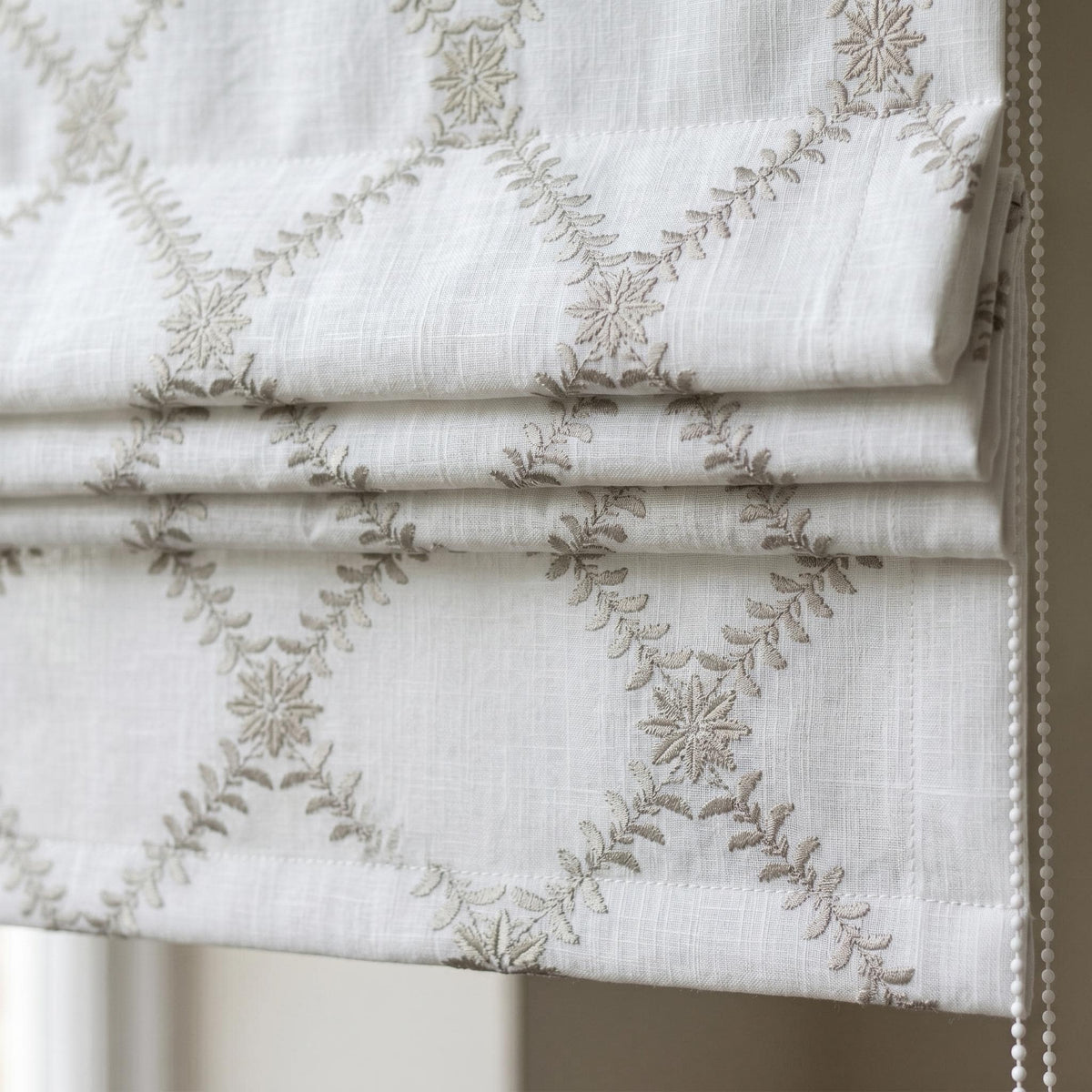 White Linen Roman Shade, Greige Taupe Embroidered Trellis Vine Blind, Custom Corded Window Shade, Blackout or Cotton Lined — image 9