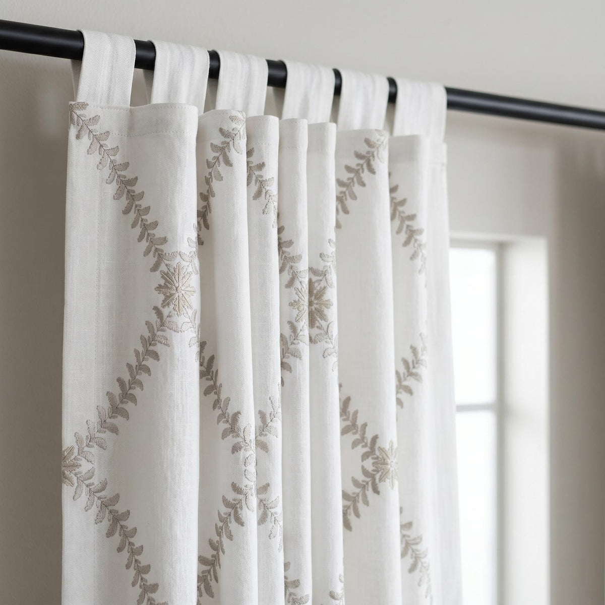 White Linen Embroidered Curtains, Mushroom Taupe Vine Drapes, Custom Blackout or Cotton Lined Floral Panels — image 7