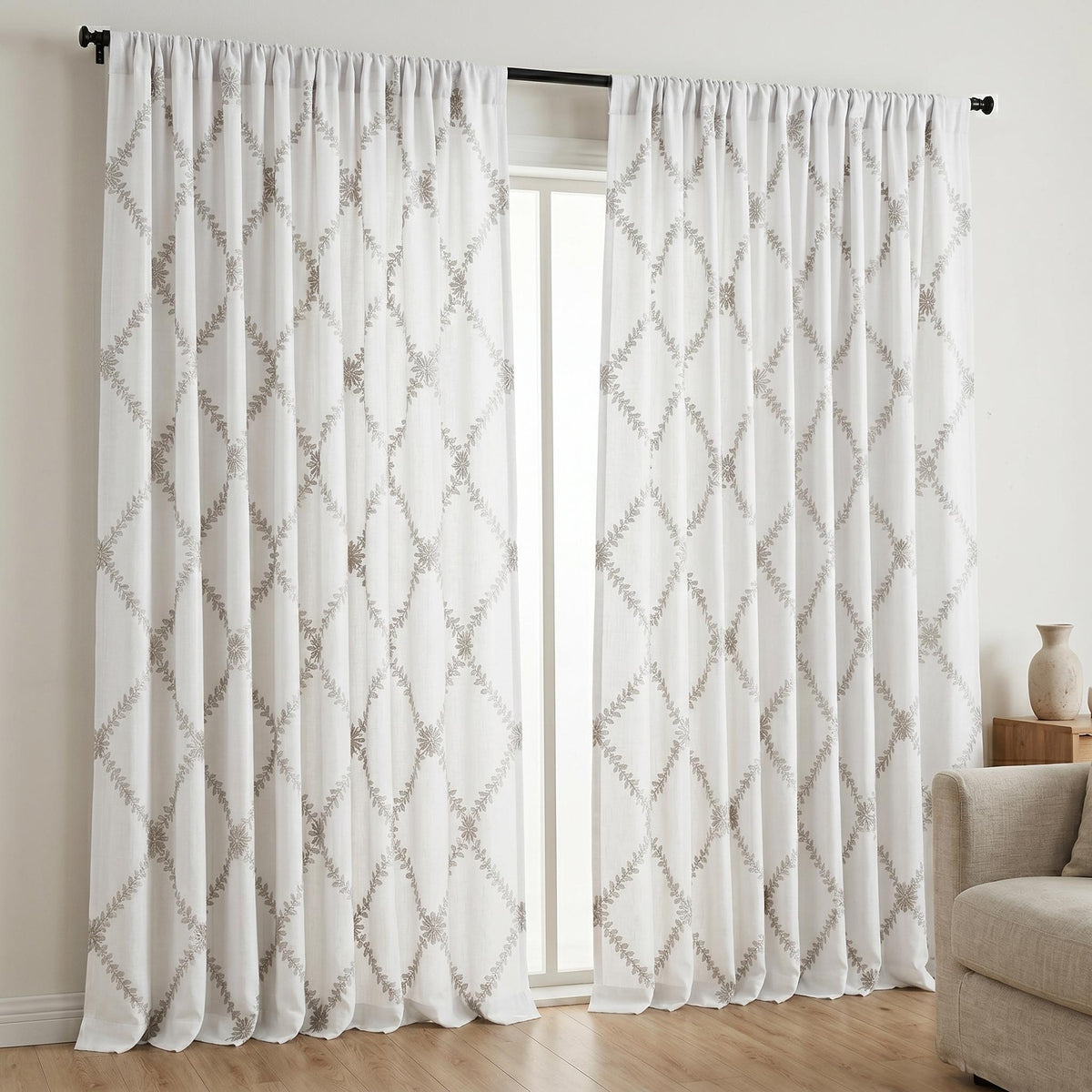 White Linen Embroidered Curtains, Mushroom Taupe Vine Drapes, Custom Blackout or Cotton Lined Floral Panels — image 5