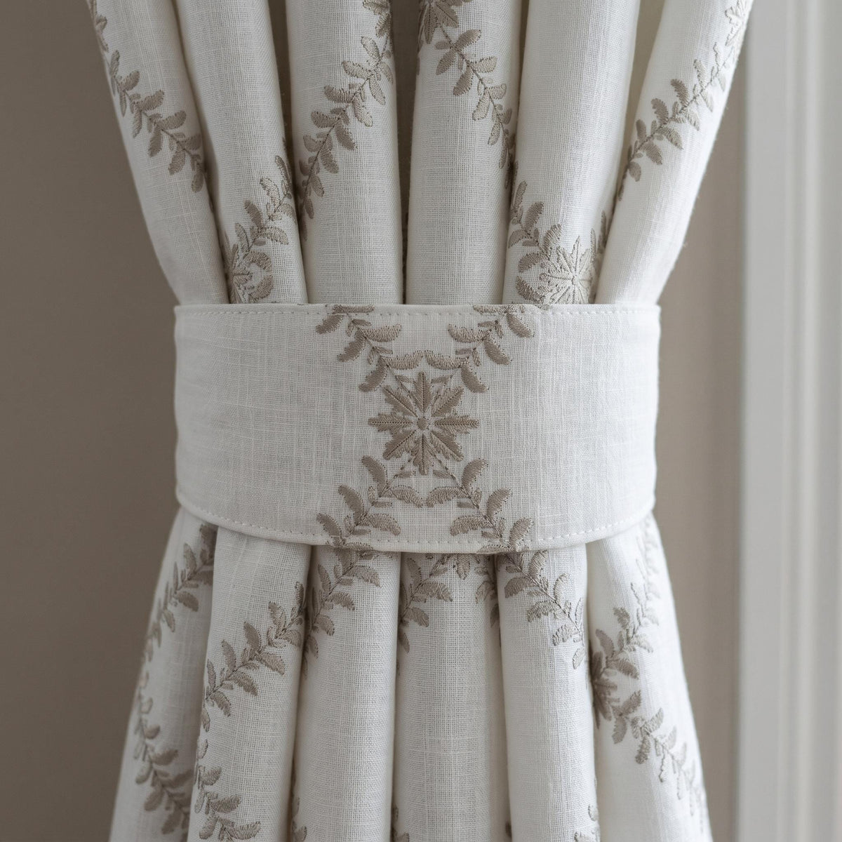 White Linen Embroidered Curtains, Mushroom Taupe Vine Drapes, Custom Blackout or Cotton Lined Floral Panels — image 2
