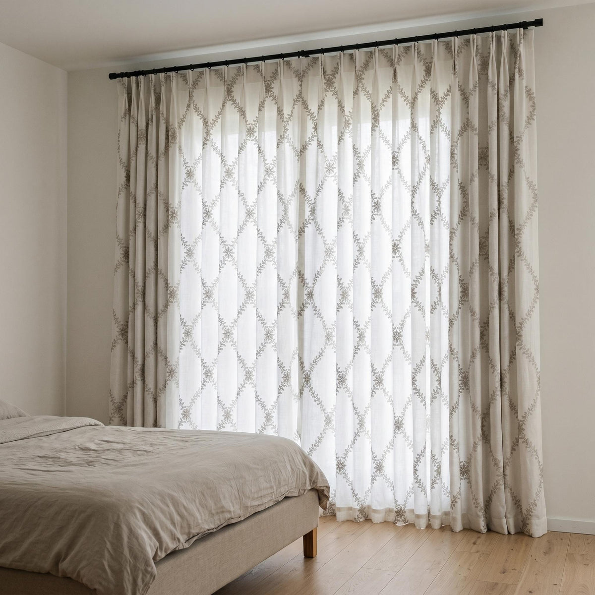 White Linen Embroidered Curtains, Mushroom Taupe Vine Drapes, Custom Blackout or Cotton Lined Floral Panels — image 9