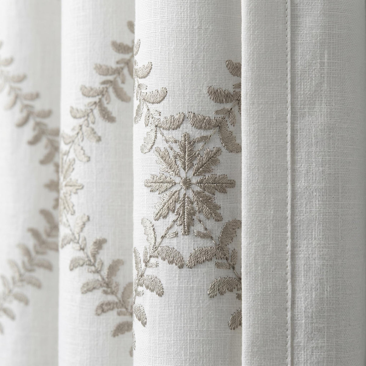 White Linen Embroidered Curtains, Mushroom Taupe Vine Drapes, Custom Blackout or Cotton Lined Floral Panels — image 8