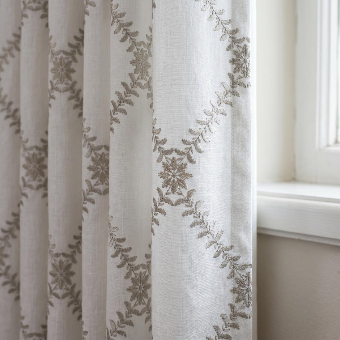 White Linen Embroidered Curtains, Mushroom Taupe Vine Drapes, Custom Blackout or Cotton Lined Floral Panels — image 1