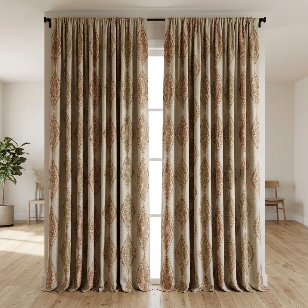 Pure Linen Embroidered Curtains, Rust Beige Diamond Ogee Drapes, Custom Blackout or Cotton Lined Panels — image 5