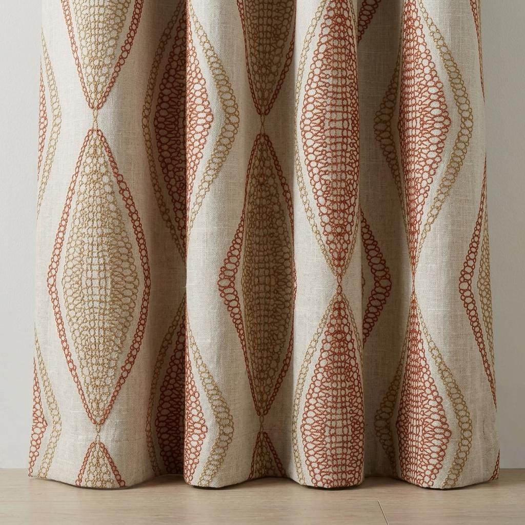 Pure Linen Embroidered Curtains, Rust Beige Diamond Ogee Drapes, Custom Blackout or Cotton Lined Panels — image 4