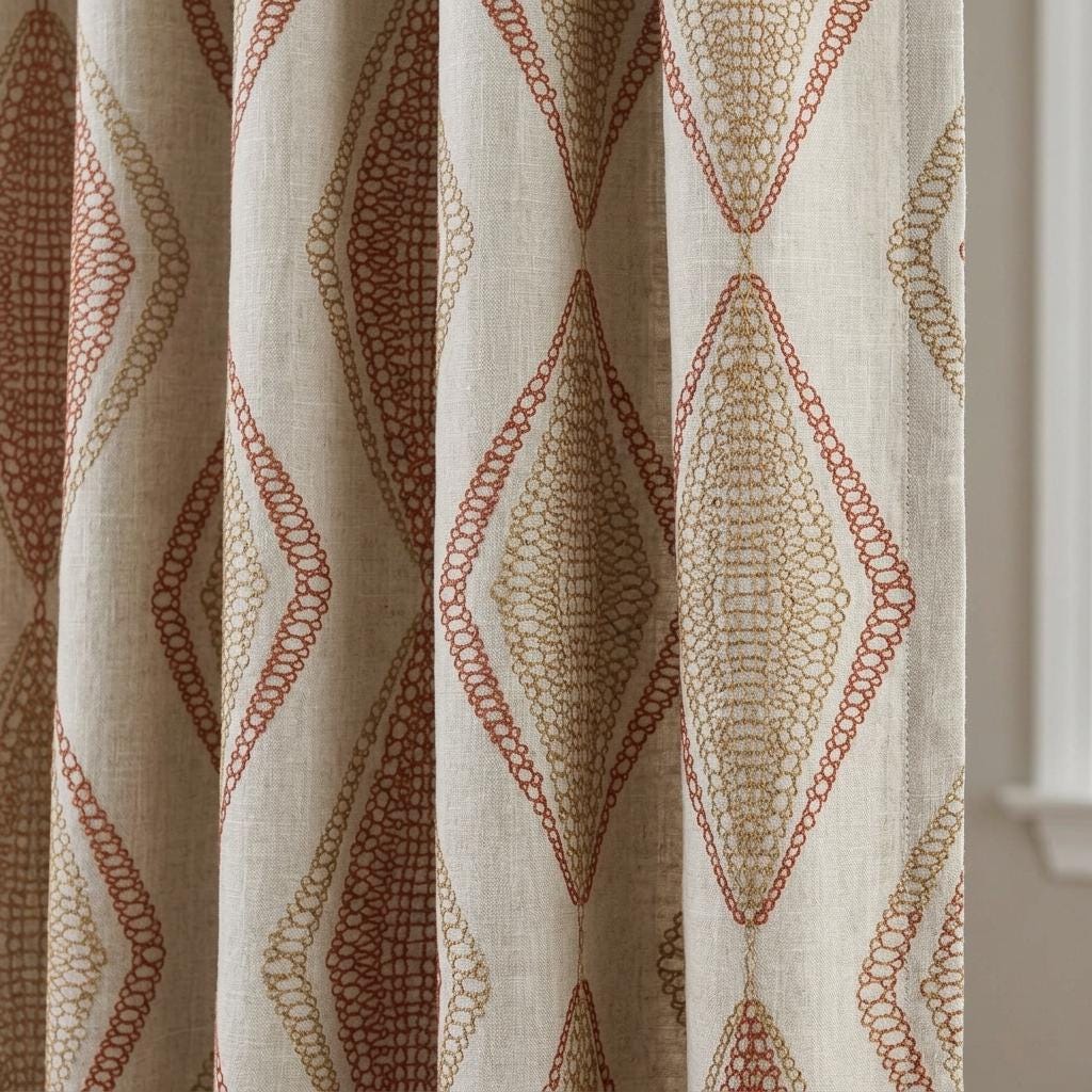 Pure Linen Embroidered Curtains, Rust Beige Diamond Ogee Drapes, Custom Blackout or Cotton Lined Panels — image 1