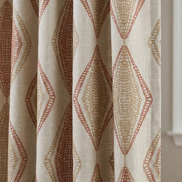 Pure Linen Embroidered Curtains, Rust Beige Diamond Ogee Drapes, Custom Blackout or Cotton Lined Panels — image 1