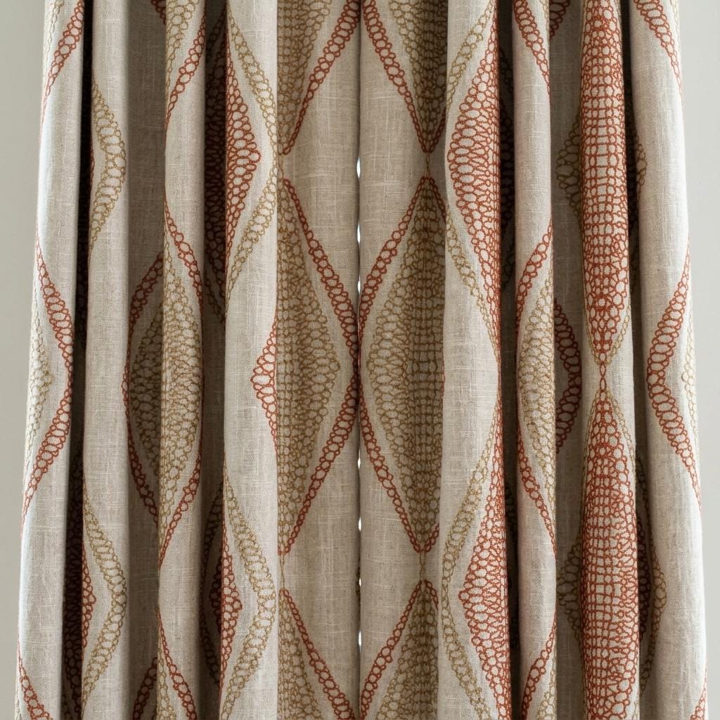 Pure Linen Embroidered Curtains, Rust Beige Diamond Ogee Drapes, Custom Blackout or Cotton Lined Panels — image 8
