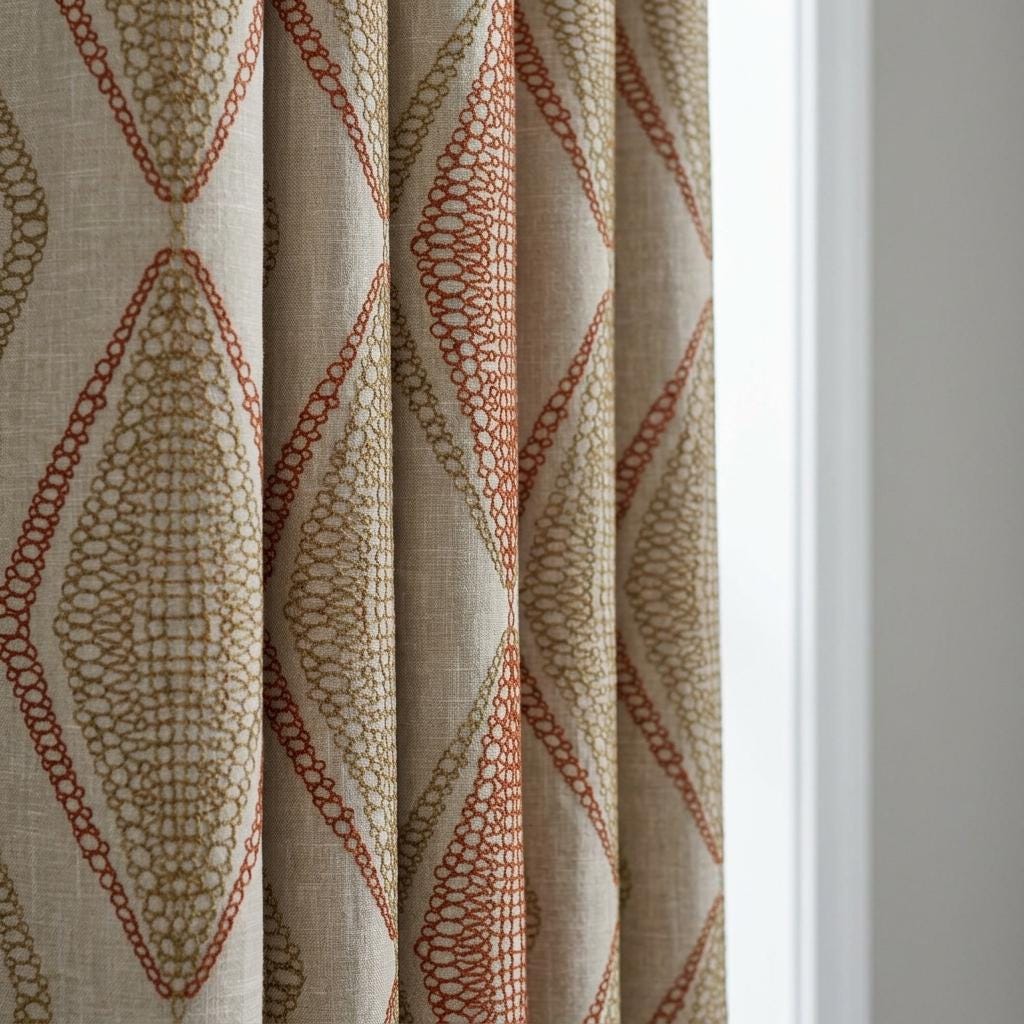 Pure Linen Embroidered Curtains, Rust Beige Diamond Ogee Drapes, Custom Blackout or Cotton Lined Panels — image 7