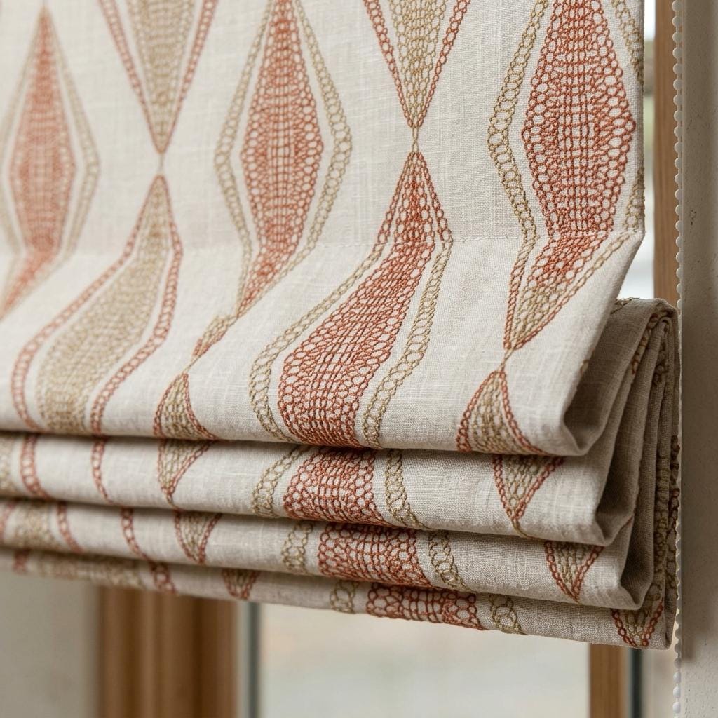 Natural Beige Linen Roman Shade, Rust Orange Embroidered Geometric Blind, Custom Corded Window Shade, Blackout or Cotton Lined — image 5