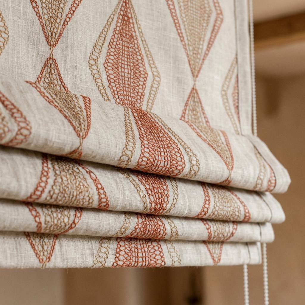 Natural Beige Linen Roman Shade, Rust Orange Embroidered Geometric Blind, Custom Corded Window Shade, Blackout or Cotton Lined — image 8