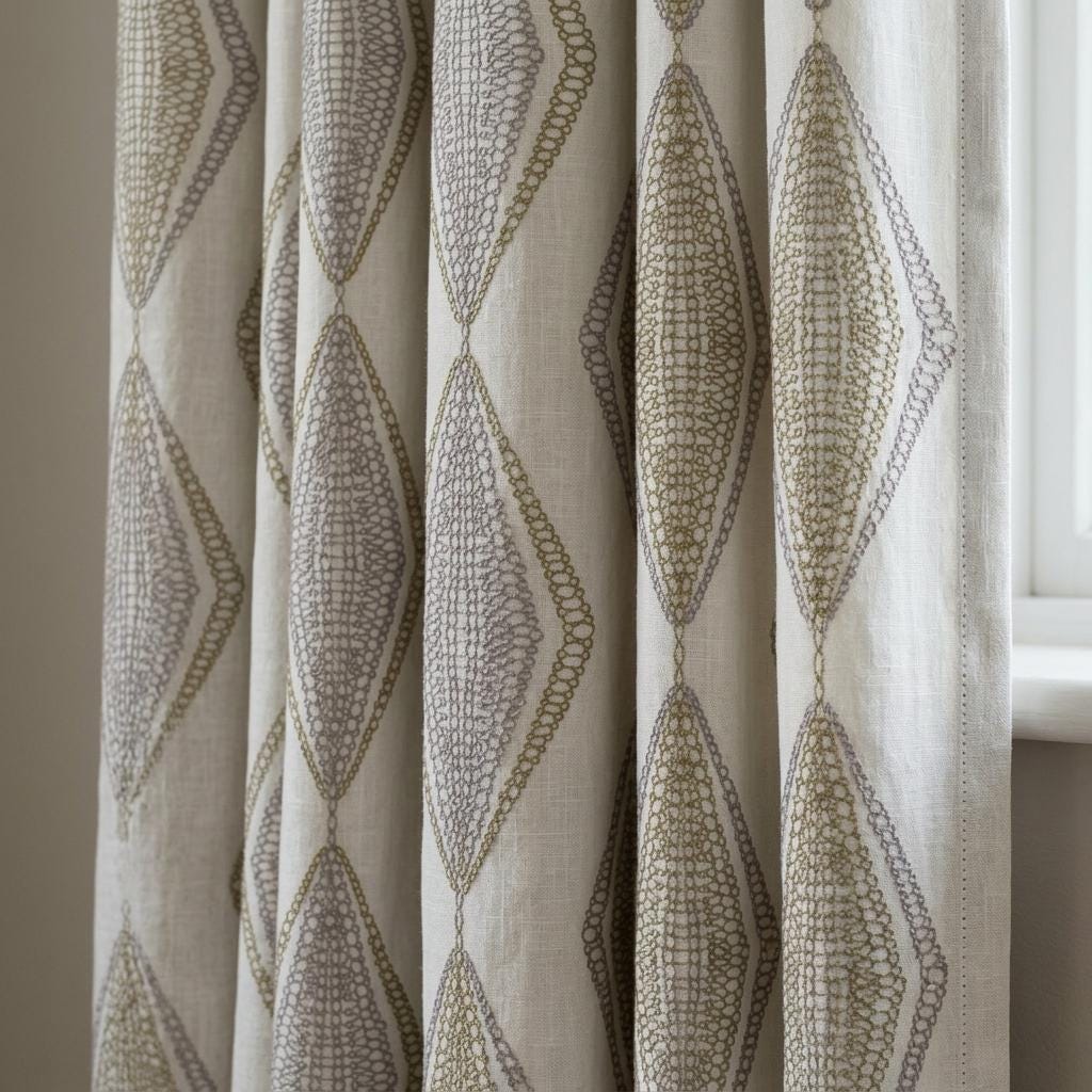 White Linen Embroidered Curtains, Sage Taupe Diamond Ogee Drapes, Custom Blackout or Cotton Lined Panels — image 9