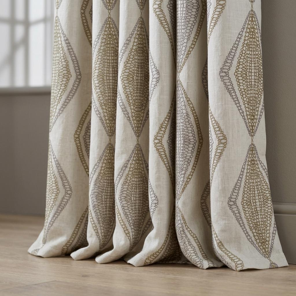White Linen Embroidered Curtains, Sage Taupe Diamond Ogee Drapes, Custom Blackout or Cotton Lined Panels — image 5