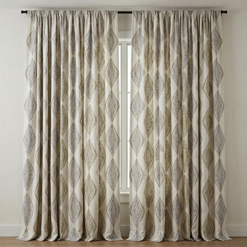 White Linen Embroidered Curtains, Sage Taupe Diamond Ogee Drapes, Custom Blackout or Cotton Lined Panels — image 8