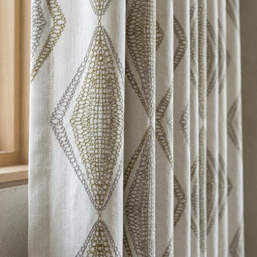 White Linen Embroidered Curtains, Sage Taupe Diamond Ogee Drapes, Custom Blackout or Cotton Lined Panels — image 1