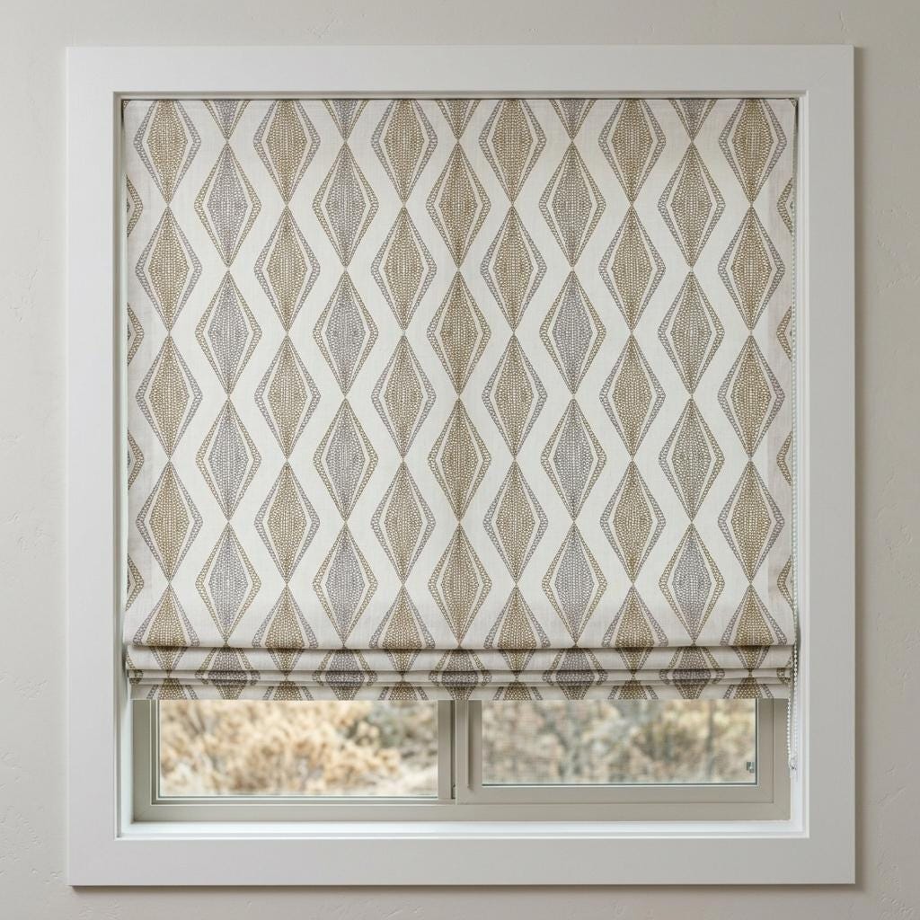 White Linen Roman Shade, Olive Green Gray Embroidered Diamond Blind, Custom Corded Window Shade, Blackout or Cotton Lined — image 4
