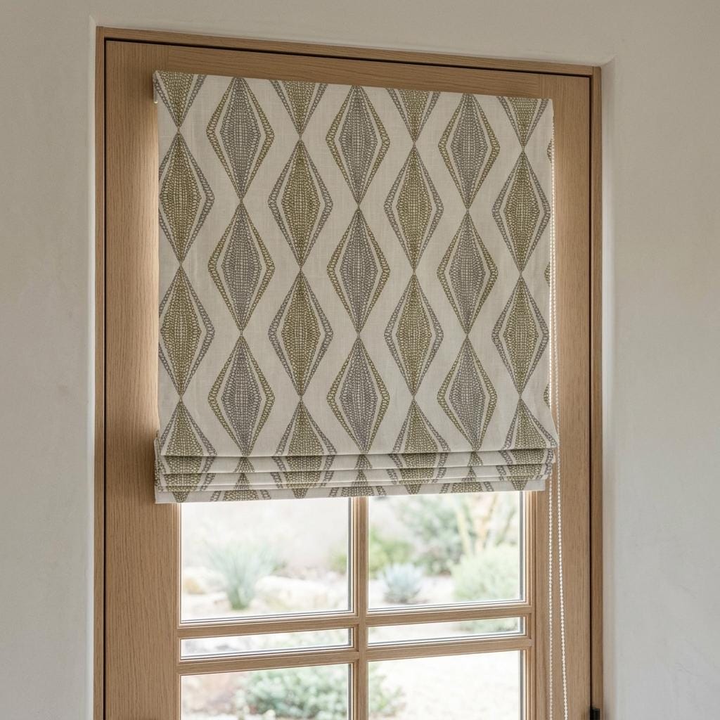 White Linen Roman Shade, Olive Green Gray Embroidered Diamond Blind, Custom Corded Window Shade, Blackout or Cotton Lined — image 1