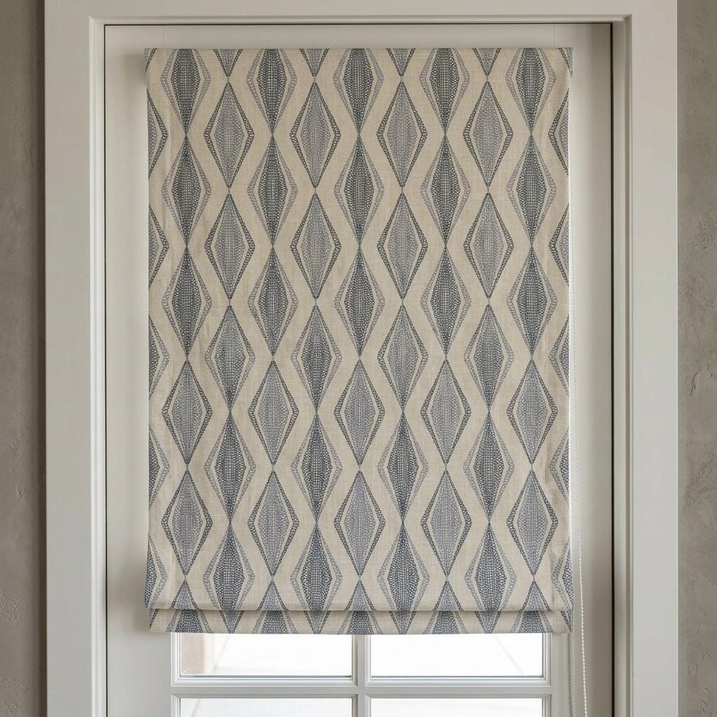 Ivory Linen Roman Shade, Navy Blue Embroidered Diamond Blind, Custom Corded Window Shade, Blackout or Cotton Lined — image 5