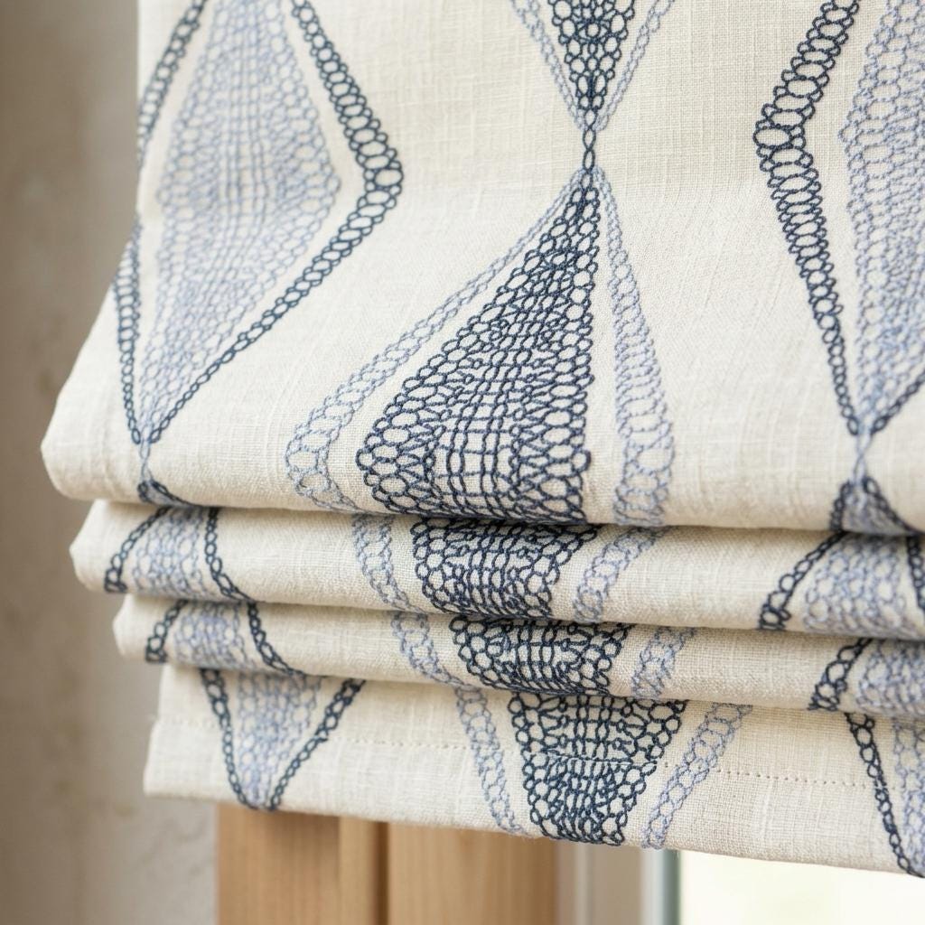 Ivory Linen Roman Shade, Navy Blue Embroidered Diamond Blind, Custom Corded Window Shade, Blackout or Cotton Lined — image 2