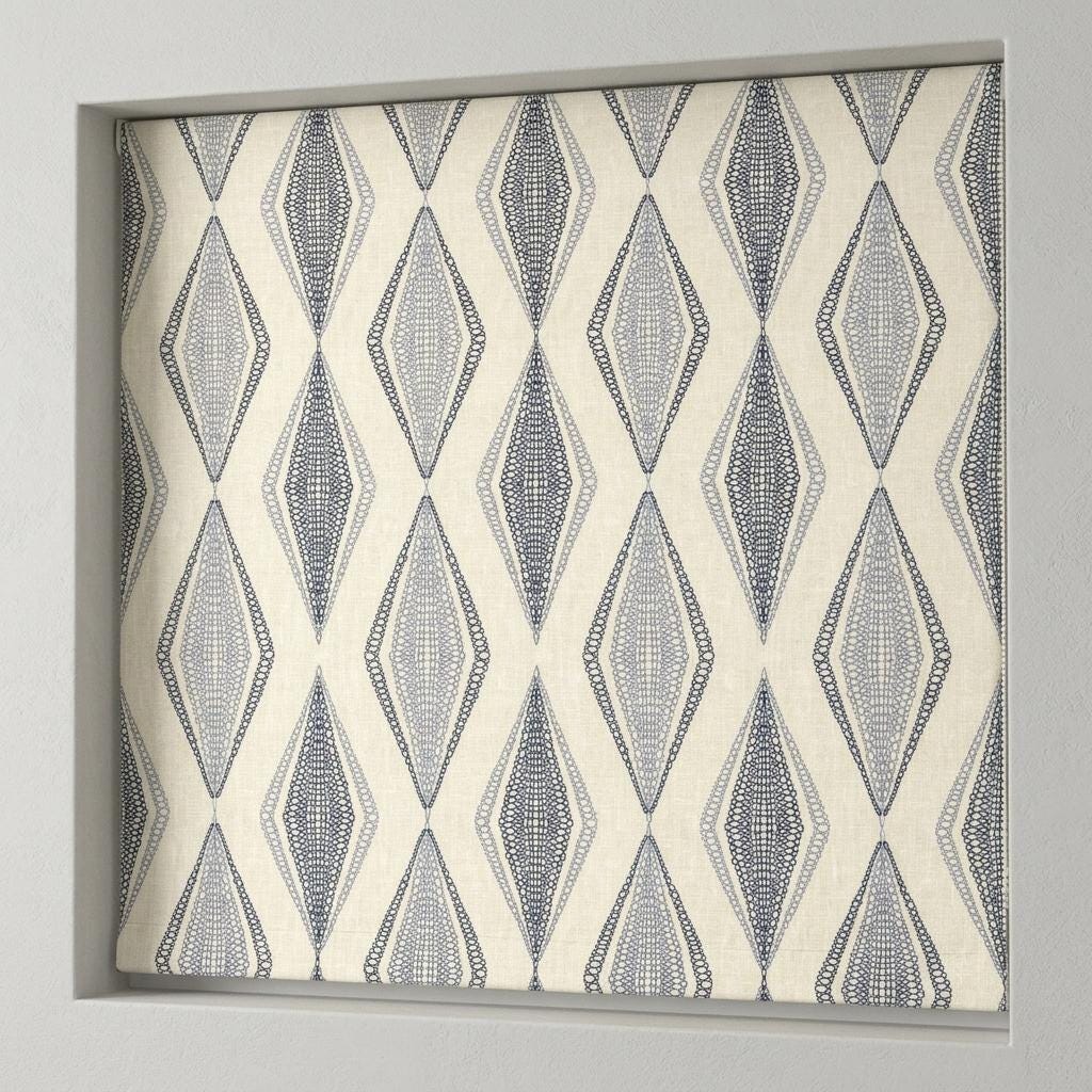 Ivory Linen Roman Shade, Navy Blue Embroidered Diamond Blind, Custom Corded Window Shade, Blackout or Cotton Lined — image 3