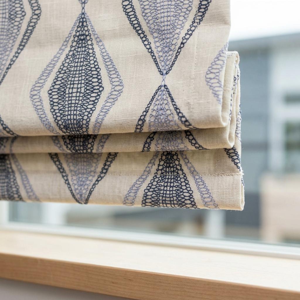 Ivory Linen Roman Shade, Navy Blue Embroidered Diamond Blind, Custom Corded Window Shade, Blackout or Cotton Lined — image 6