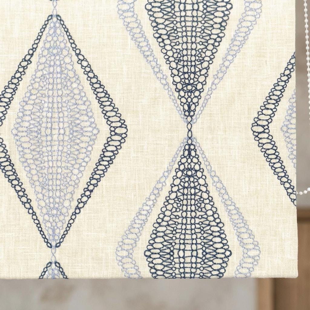 Ivory Linen Roman Shade, Navy Blue Embroidered Diamond Blind, Custom Corded Window Shade, Blackout or Cotton Lined — image 8