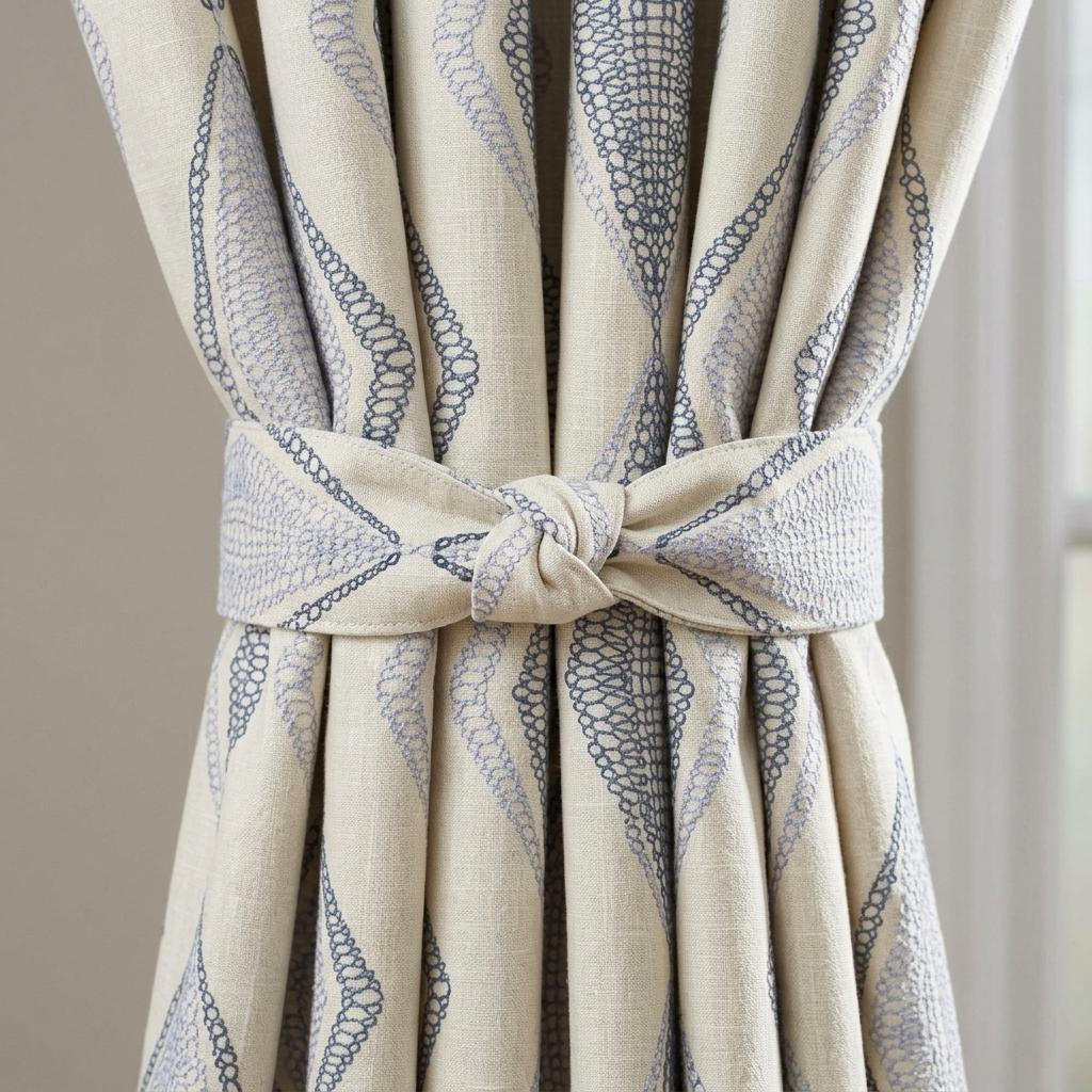 Ivory Linen Embroidered Curtains, Navy Blue Diamond Ogee Drapes, Custom Blackout or Cotton Lined Panels — image 1
