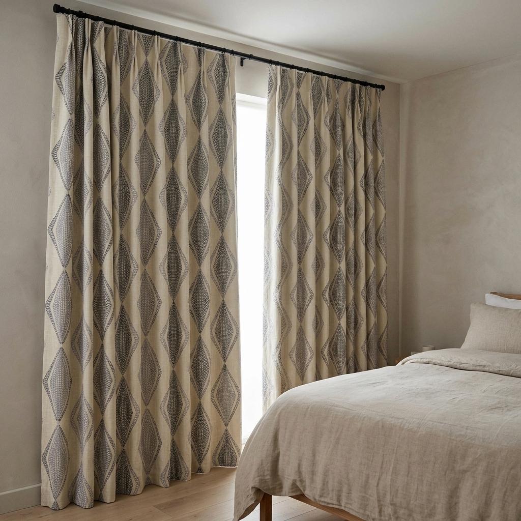 Ivory Linen Embroidered Curtains, Navy Blue Diamond Ogee Drapes, Custom Blackout or Cotton Lined Panels — image 5