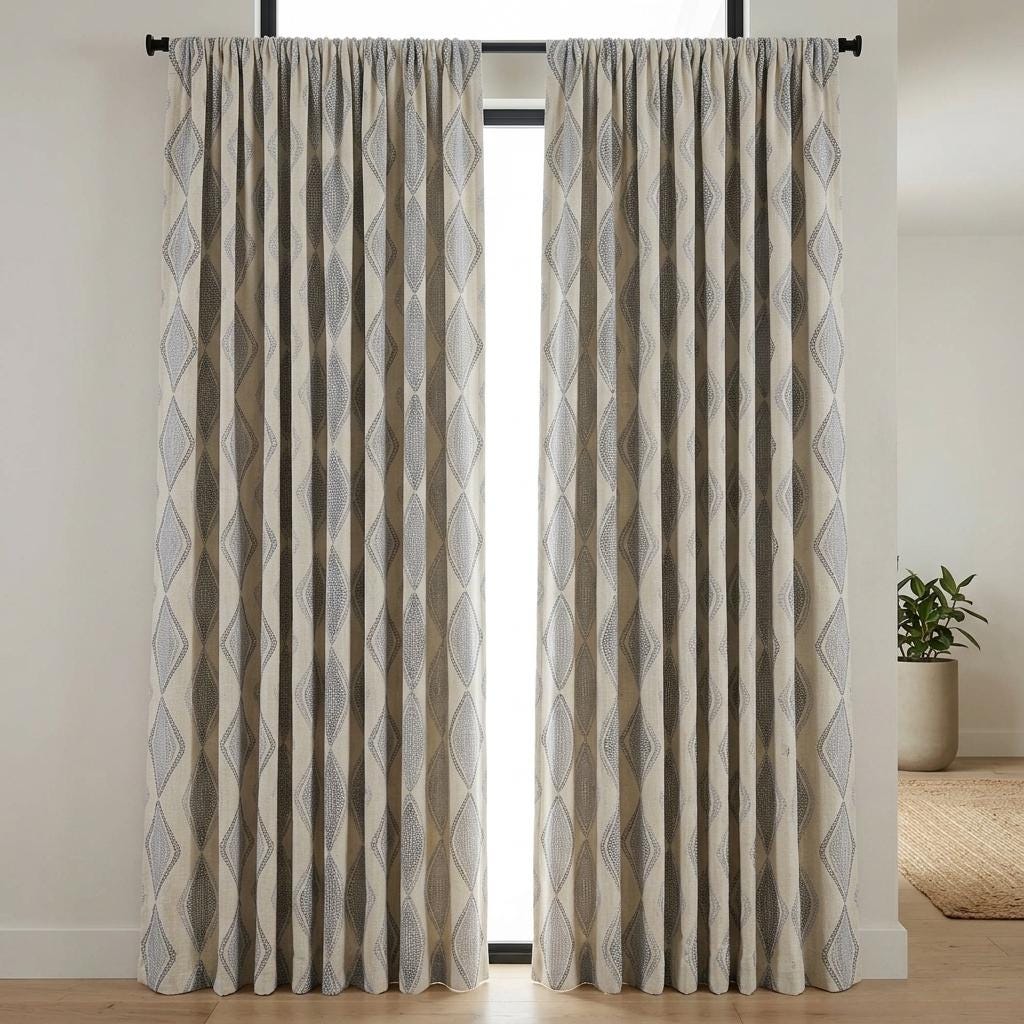 Ivory Linen Embroidered Curtains, Navy Blue Diamond Ogee Drapes, Custom Blackout or Cotton Lined Panels — image 4
