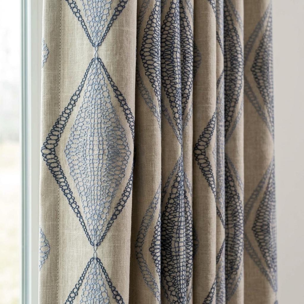 Ivory Linen Embroidered Curtains, Navy Blue Diamond Ogee Drapes, Custom Blackout or Cotton Lined Panels — image 1