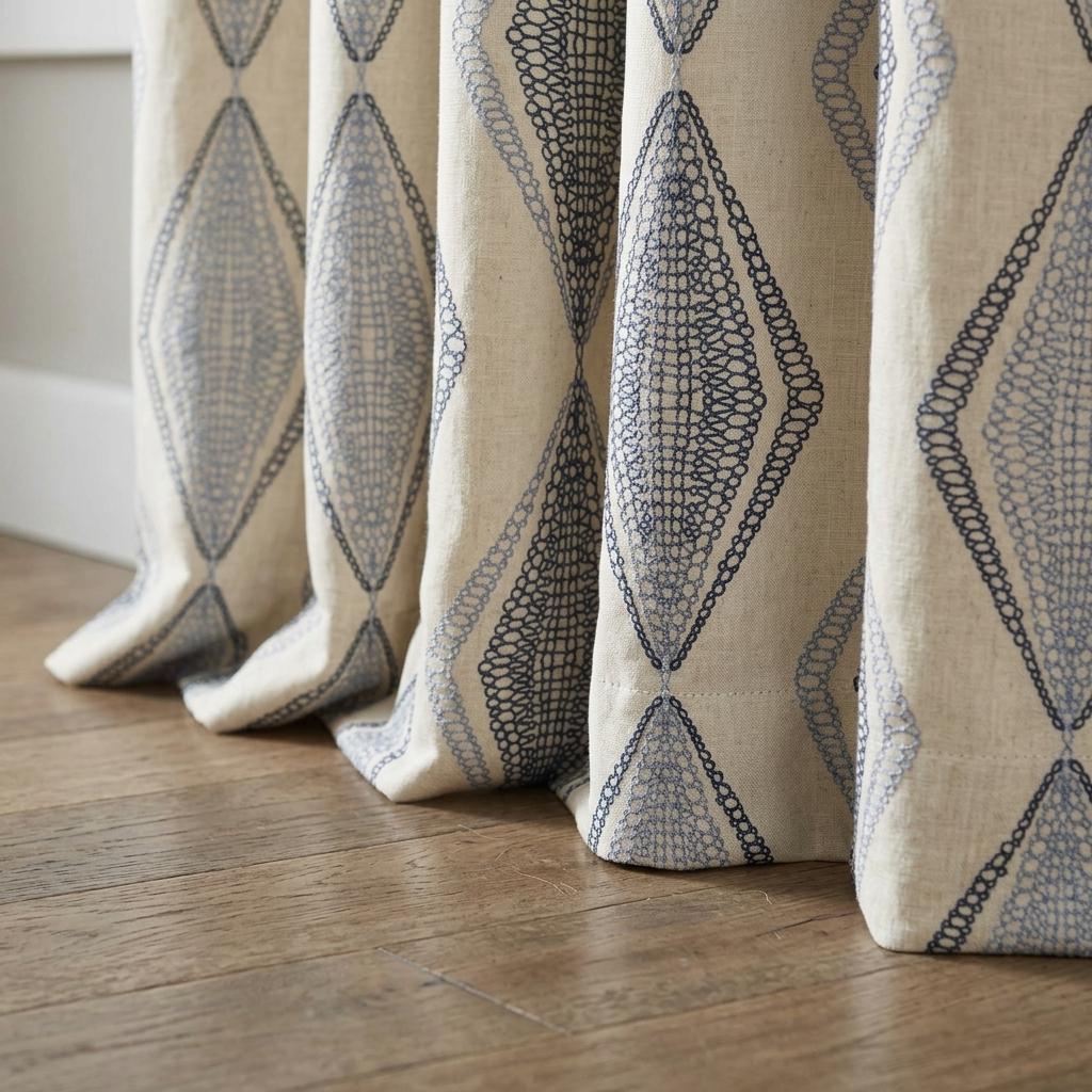 Ivory Linen Embroidered Curtains, Navy Blue Diamond Ogee Drapes, Custom Blackout or Cotton Lined Panels — image 6