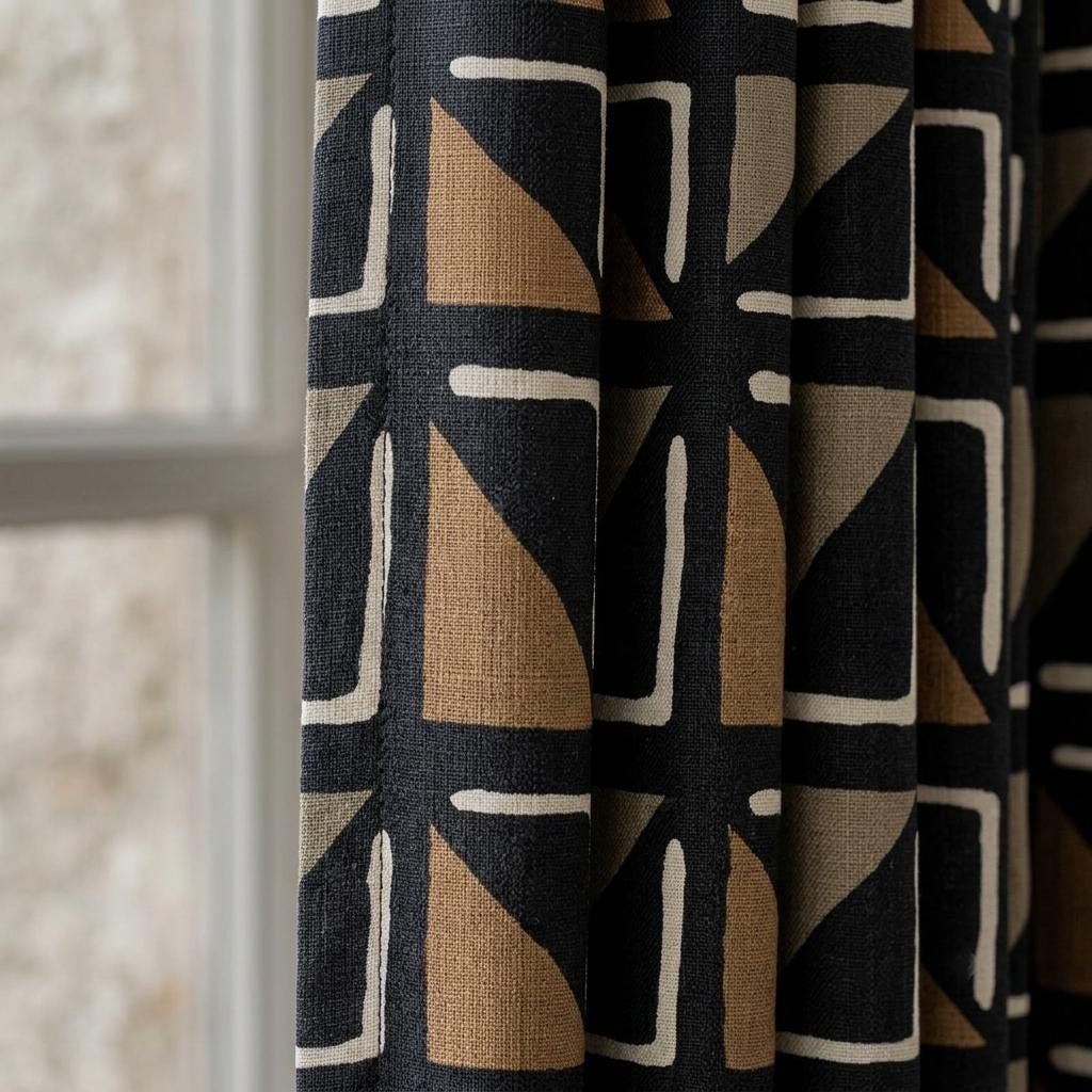Black Camel Ivory Tribal Linen Curtains, Boho Geometric Print Drapes, Heavy Custom Blackout Panels, Living Room Decor — image 1
