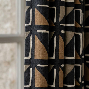 Black Camel Ivory Tribal Linen Curtains, Boho Geometric Print Drapes, Heavy Custom Blackout Panels, Living Room Decor — image 1