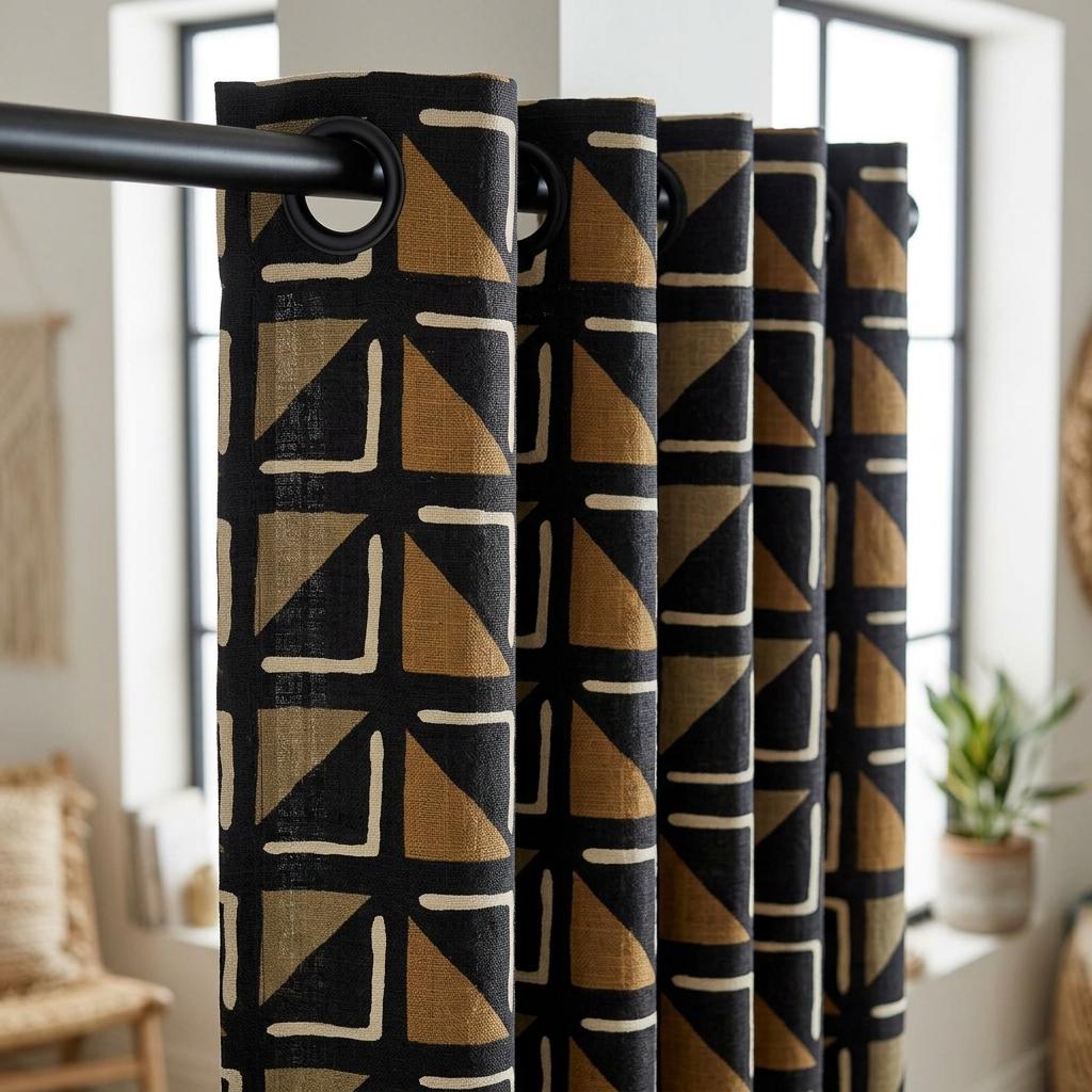 Black Camel Ivory Tribal Linen Curtains, Boho Geometric Print Drapes, Heavy Custom Blackout Panels, Living Room Decor — image 8