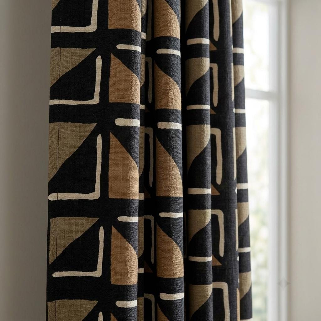 Black Camel Ivory Tribal Linen Curtains, Boho Geometric Print Drapes, Heavy Custom Blackout Panels, Living Room Decor — image 10