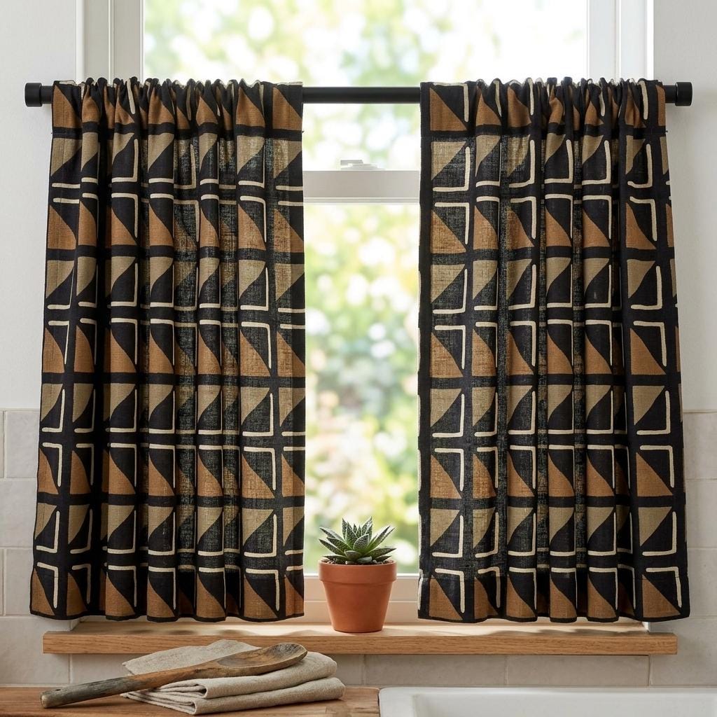 Black Camel Ivory Tribal Linen Curtains, Boho Geometric Print Drapes, Heavy Custom Blackout Panels, Living Room Decor — image 7