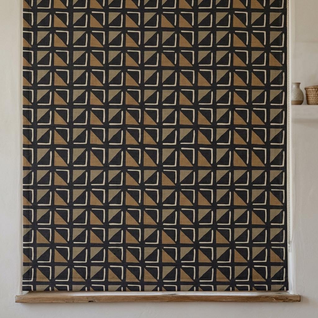 Black Beige Linen Roman Shade, Tribal Boho Geometric Roman Blind, Custom Corded Window Shade, Camel Neutral Blackout — image 8