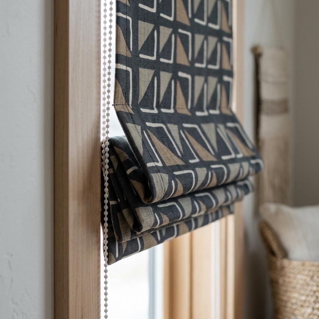 Black Beige Linen Roman Shade, Tribal Boho Geometric Roman Blind, Custom Corded Window Shade, Camel Neutral Blackout — image 3